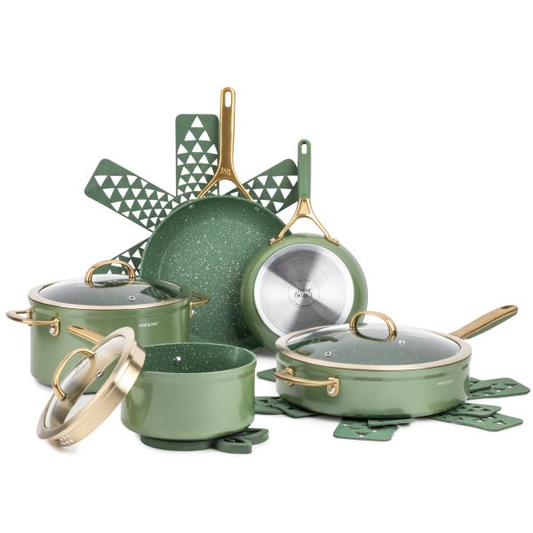 Thyme   Table Nonstick Supreme Cookware, 12-Piece Set, Olive