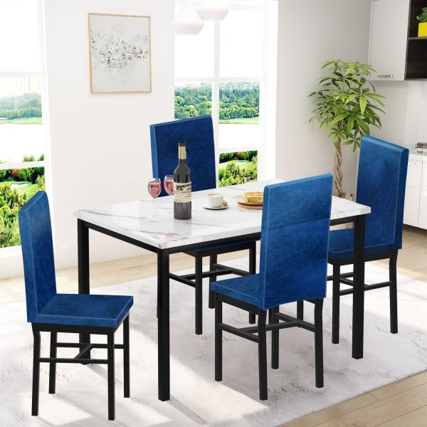 Syngar 5 Piece Dining Set, Modern Dining Table and Chairs Set for 4, Kitchen Dining Table Set with Faux Marble Tabletop and 4 Velvet Fabric Upholstered Chairs, for Small Space, Breakfast Nook, D8925